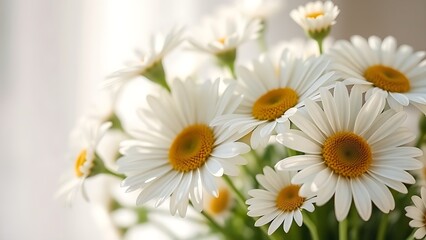 Obraz premium Fresh daisy bouquet bathed in soft sunlight, showcasing delicate pastel petals.