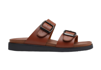 Side view of brown leather sandals with double adjustable straps and a platform sole