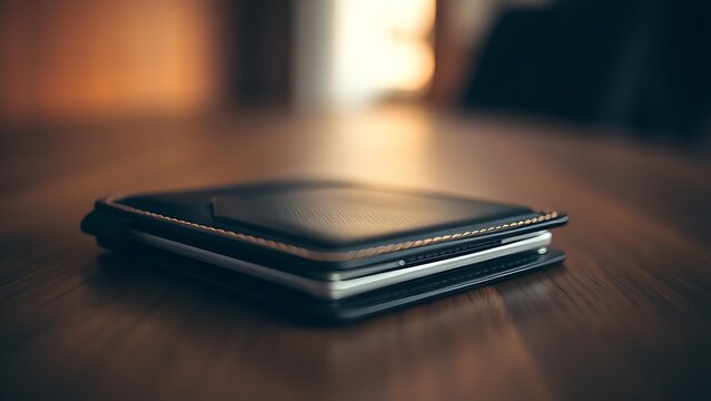 A sleek wallet lies on a wooden surface, highlighted by warm ambient lighting in a minimalist setting.