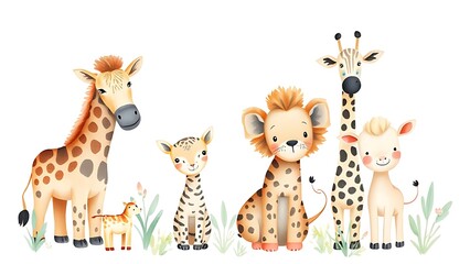 Soft watercolor illustration of safari animals in pastel tones, perfect for nursery decor.