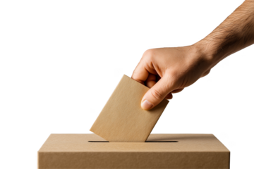 Hand casting a ballot into a vote box demonstrating democratic process and civic duty participation in elections transparent background