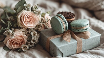 Gift-wrapped present with macarons and roses on a fabric surface