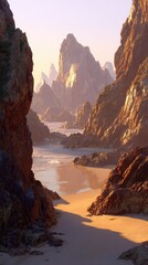 Calm sunset over a secluded cove between sandstone cliffs