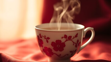 Delicate porcelain teacup with red floral motifs, steaming jasmine tea reflecting golden light against muted silk.