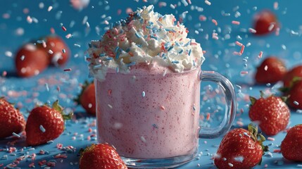 Pink strawberry milkshake with whipped cream and sprinkles
