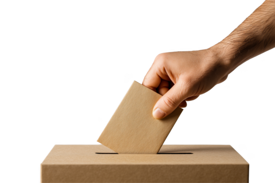 Hand casting a ballot into a vote box demonstrating democratic process and civic duty participation in elections transparent background