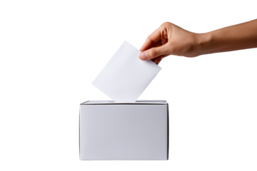 Hand casting vote into ballot box demonstrating civic duty and democratic process transparent background