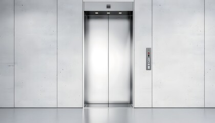 Blank silver closed elevator in office floor interior mock up, front view, 3d rendering. Empty lift with buttons near concrete wall mockup. Concept of business center or hotel lifting template