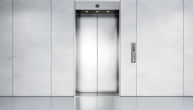 Blank silver closed elevator in office floor interior mock up, front view, 3d rendering. Empty lift with buttons near concrete wall mockup. Concept of business center or hotel lifting template - Powered by Adobe