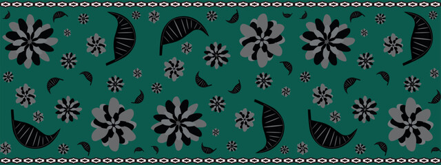 Luxurious carpet runner with emerald green background and black floral ornament. Ideal for elegant packaging, web banners, and textile decoration. Horizontal. EPS10. 