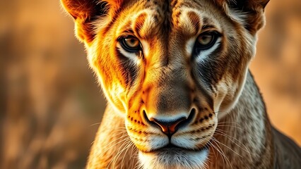 A striking close-up of a lioness with detailed fur, gazing intensely in natural light.