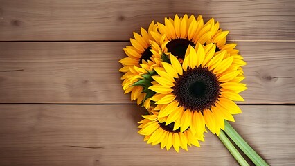 Fototapeta premium Sunflower bouquet on a rustic wooden surface with warm directional lighting.