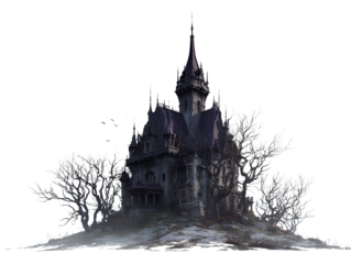 Dark Gothic Mansion with Flying Birds and Bare Trees isolated on a transparent background