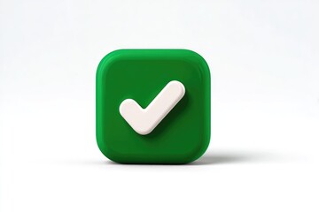 A 3D rendered green square with a white checkmark