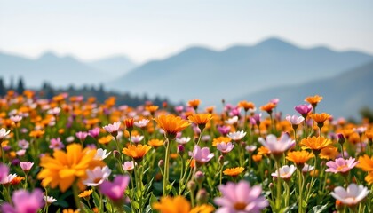 Fototapeta premium Serene Blooming Field with Mountain View