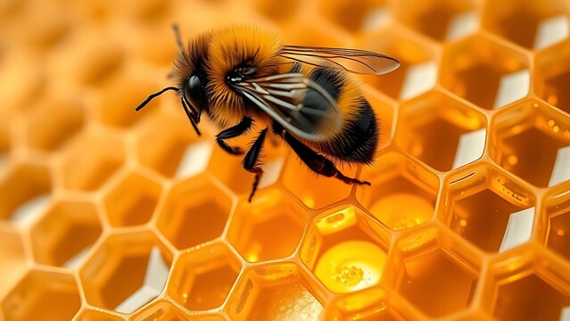 A delicate bumblebee hovering over glowing geometric honeycomb structures with a medicinal aura.