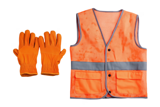 High visibility safety gear orange vest and gloves for enhanced worker protection and visibility transparent background