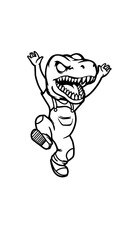 Black and white illustration of a little boy jumping in a cute dinosaur costume. Cartoon outline style, perfect for t-shirt designs, stickers, and children's themes.