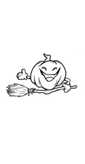 Cute illustration of a smiling Halloween pumpkin holding a broomstick. Black and white line style, perfect for Halloween designs, t-shirts, and decorations.