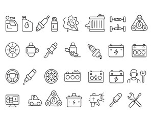 Set of outline icons related to vehicle repair and maintenance. Linear icon collection