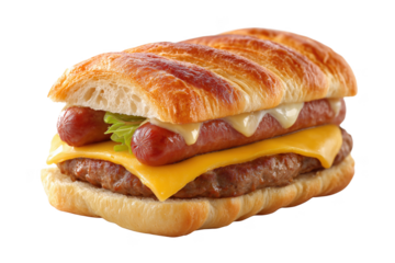 Juicy double cheeseburger with hot dogs and melted cheese on a toasted bun a delicious fast food meal transparent background