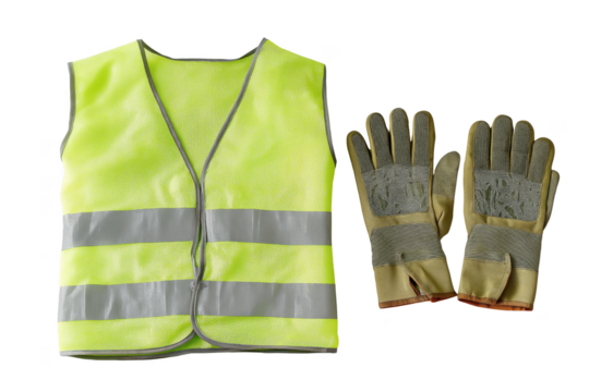High-visibility safety vest and work gloves for enhanced visibility and protection transparent background - Powered by Adobe