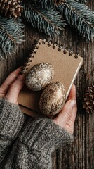 Rustic winter scene with hands holding decorated eggs atop a small notebook