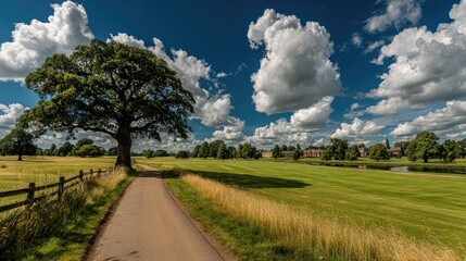 Country road winding through a verdant field, under a vibrant sky