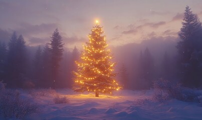 Christmas tree decorated with lights and ornaments in a serene winter forest setting The peaceful snowy forest creates a magical and tranquil holiday atmosphere, Generative AI