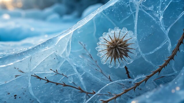 Frozen thistle and thorny branch encased in cracked ice with a blue background in winter light - Powered by Adobe