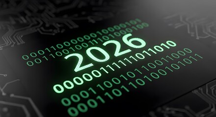 Green glowing 2026 binary code digital technology concept future innovation data computing cyber year network