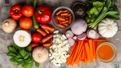 Assorted fresh Asian ingredients arranged on stone surface, top-down view.