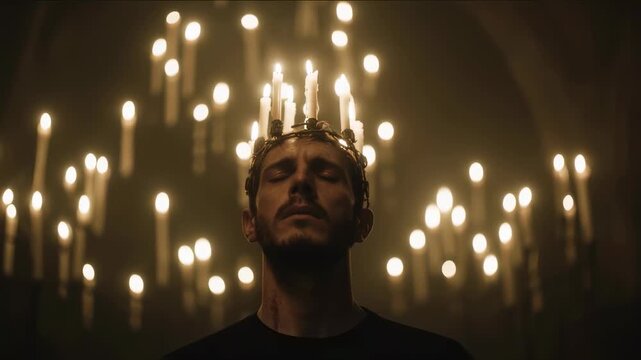Man surrounded by glowing candles in dark room. Mystical atmosphere with illuminated face. Spiritual ritual or meditation concept. Dramatic lighting for film or photography.