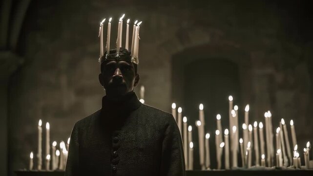 African american man with candles on head surrounded by lit candles. Dark mystic ritual concept. Spiritual ceremony, voodoo practice, or halloween horror scene.