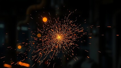 Abstract sparks and molten metal particles mid-air in a dark industrial environment, glowing orange highlights with motion blur.