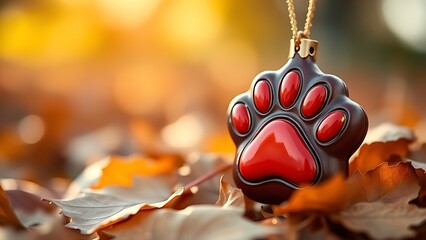 A vibrant paw print ornament with golden details on autumn leaves, bathed in warm sunlight for a heartwarming touch.