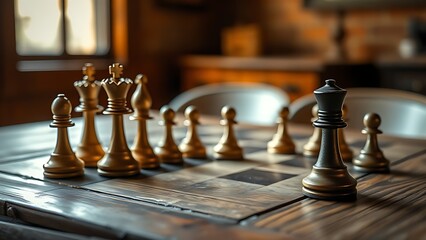 Chess pieces strategically placed on a weathered wooden table with warm vintage lighting.