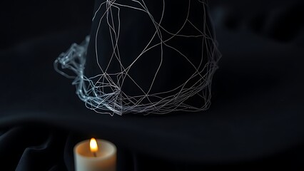 A mysterious black witch hat with silver cobweb details, evoking an elegant Halloween atmosphere.