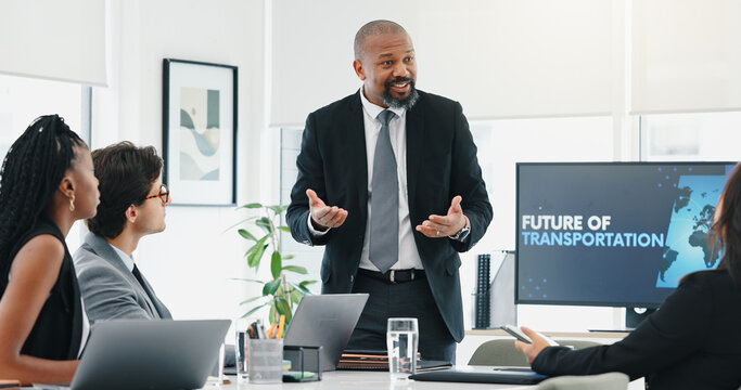 Presentation, collaboration and business people in office with screen for future of transportation. Meeting, teamwork and group of innovation managers with corporate travel planning in workplace.