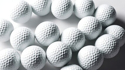 Neatly arranged golf balls on white surface, clean reflections and product-style presentation.