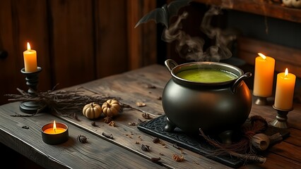 Wooden table with a steaming cauldron of green potion, surrounded by dried herbs and candlelight.