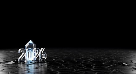 Futuristic 2026 crystal numbers on dark fractured ground abstract digital render newyear future concept business technology change design transition