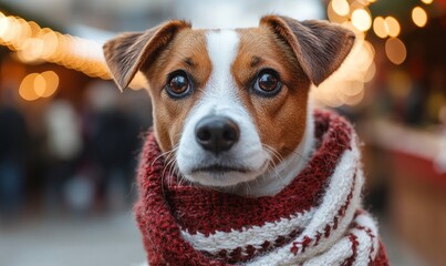 Dog wearing a scarf stands in a Christmas market observing the festive surroundings This heartwarming image reflects the beauty of the winter season and the bond between pets, Generative AI