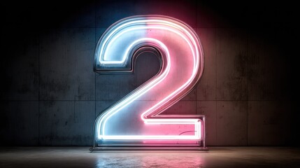 Neon number two, half blue, half pink, against a dark concrete wall