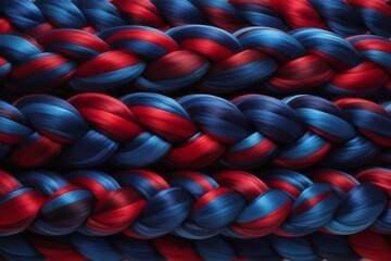 Fototapeta premium Abstract textured background with red blue and teal braided strands in close-up macro detail