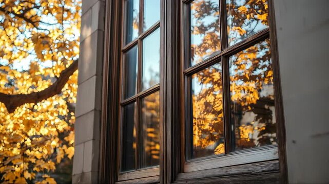 Golden autumn leaves reflect in a rustic window frame during a sunny afternoon
