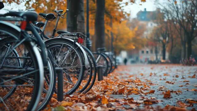 Colorful autumn leaves surround parked bicycles in a tranquil city street during a cool afternoon