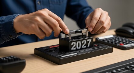 Person adjusting futuristic digital device displaying year 2027 on desk future technology business planning countdown newyear