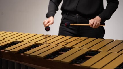 Musician hands close up percussionist playing vibraphone marimba concert front view