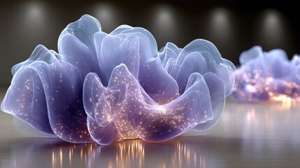 Glowing, translucent forms on reflective surface